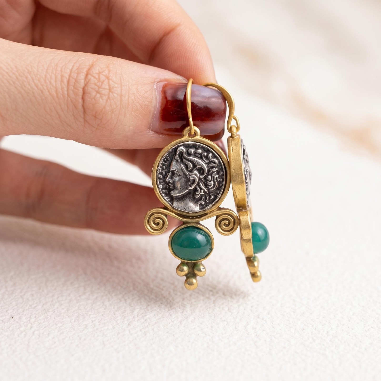 Roman Coin Drop Earrings Gold Antique Green Agate Vintage Portrait Dangle Hook