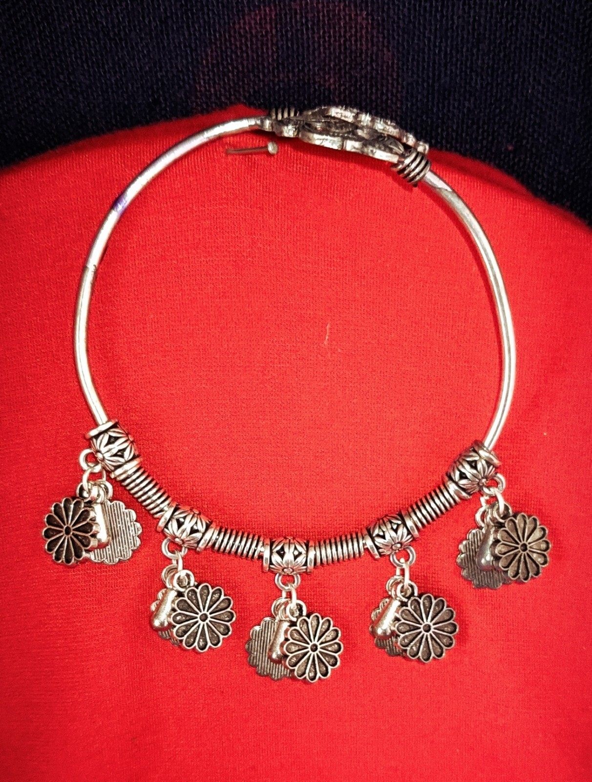 Silver Oxidized cuff adjustable Charm Flower Bracelet Women Partywear Jewelry