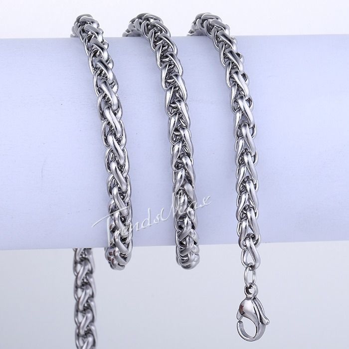 3/4/5/6/8/10mm Boys Men’s Chain Stainless Steel Wheat Link Silver Tone Necklace