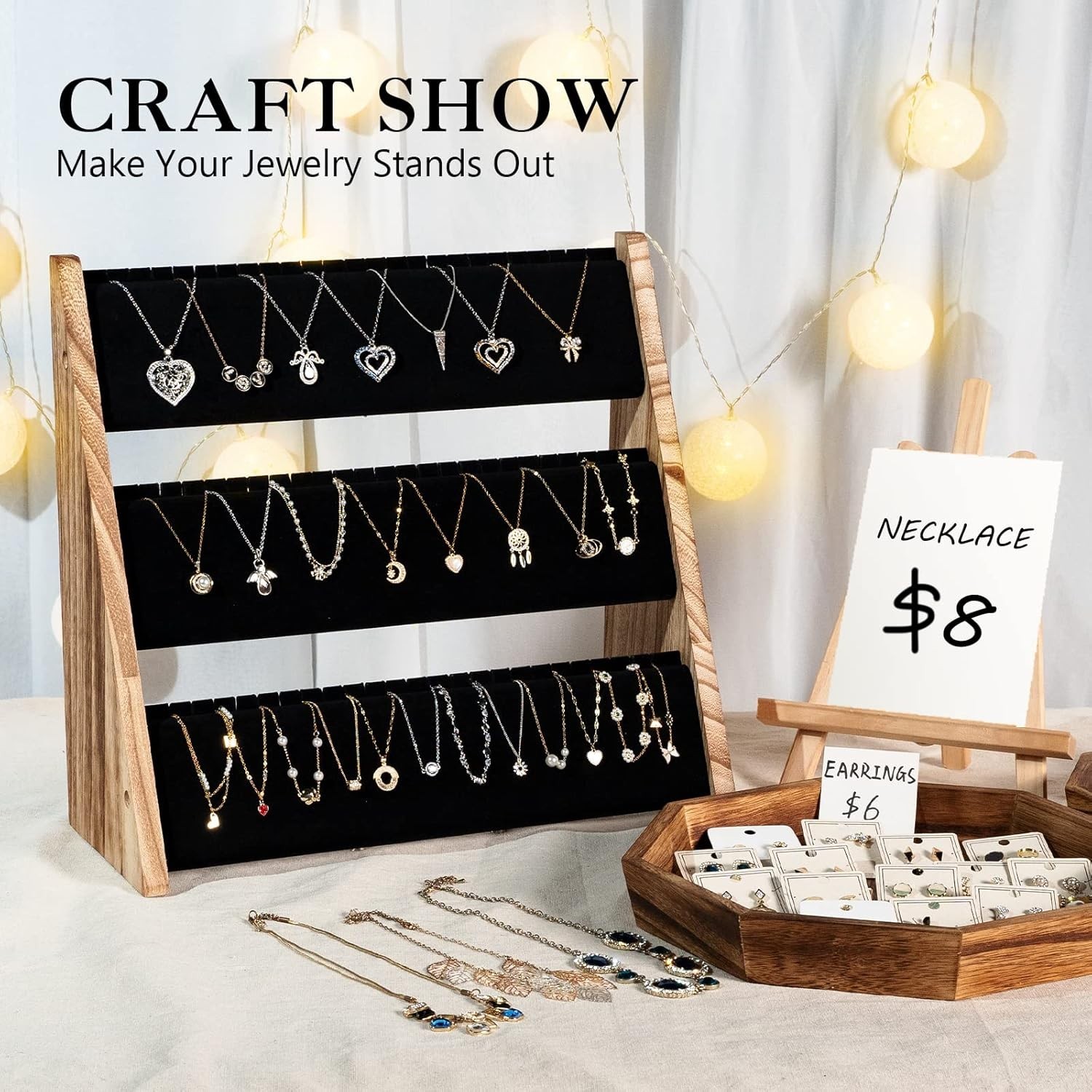Stylish Necklace Organizer with Velvet Protection – Rustic Wood for 72 Necklaces