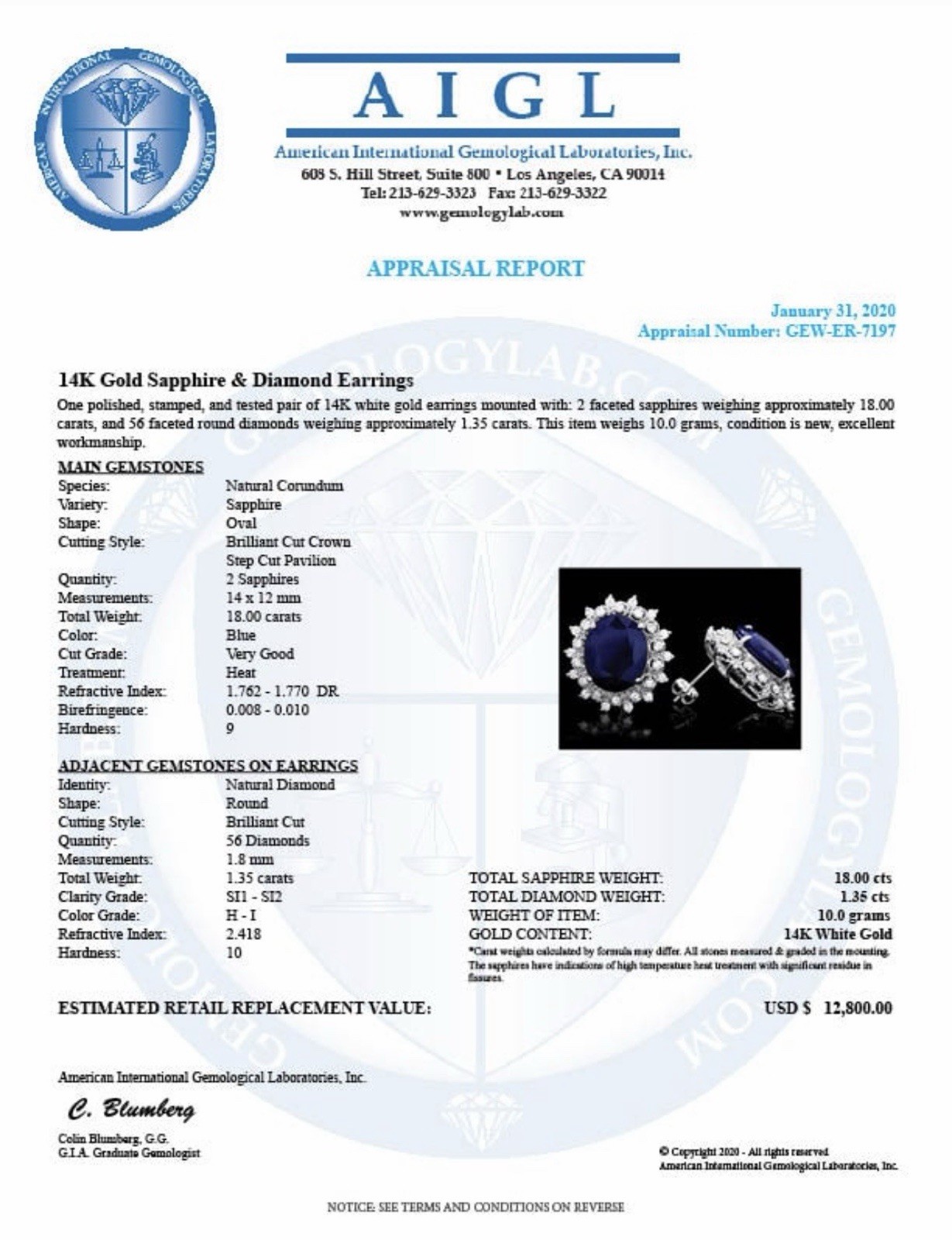 14K White Gold Blue Oval Sapphire & Diamond Tennis Bracelet Box Closure AIGL