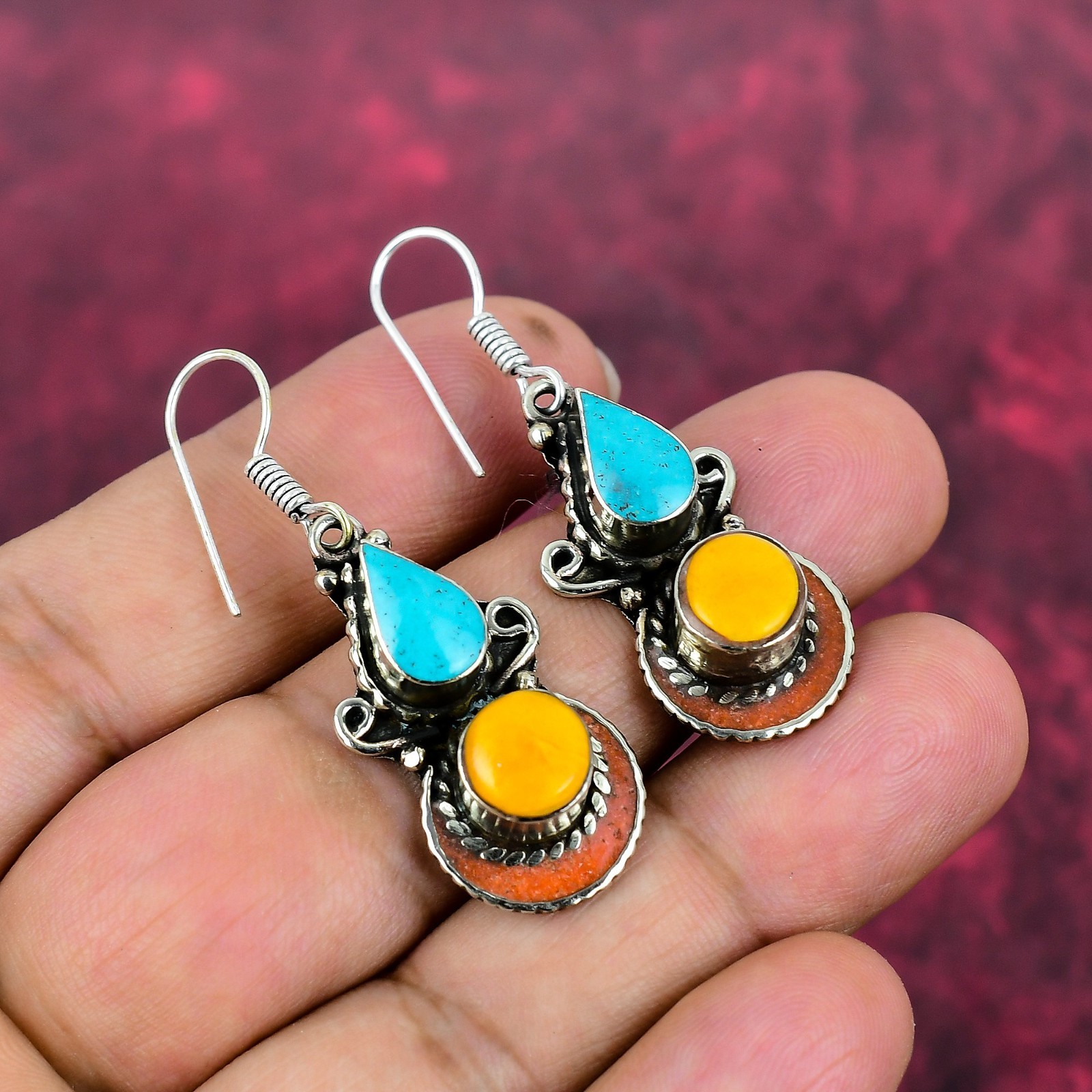 Blue Turquoise & Coral Gemstone 925 Silver Earrings Handmade Nepali Jewelry