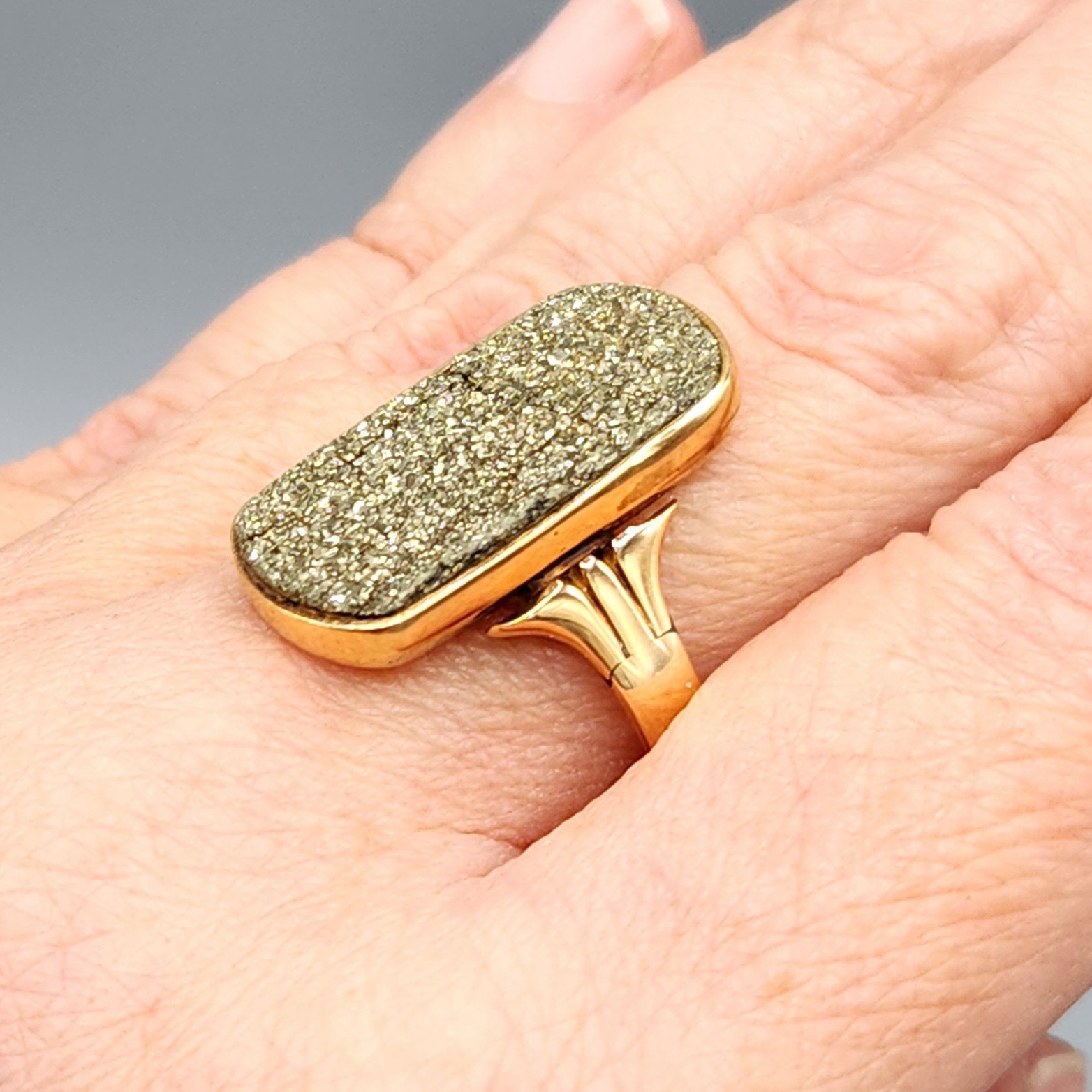 14K Rose Gold Large Pyrite Fools Gold Druzy Rectangle Band Ring Size 11.25 7.5g