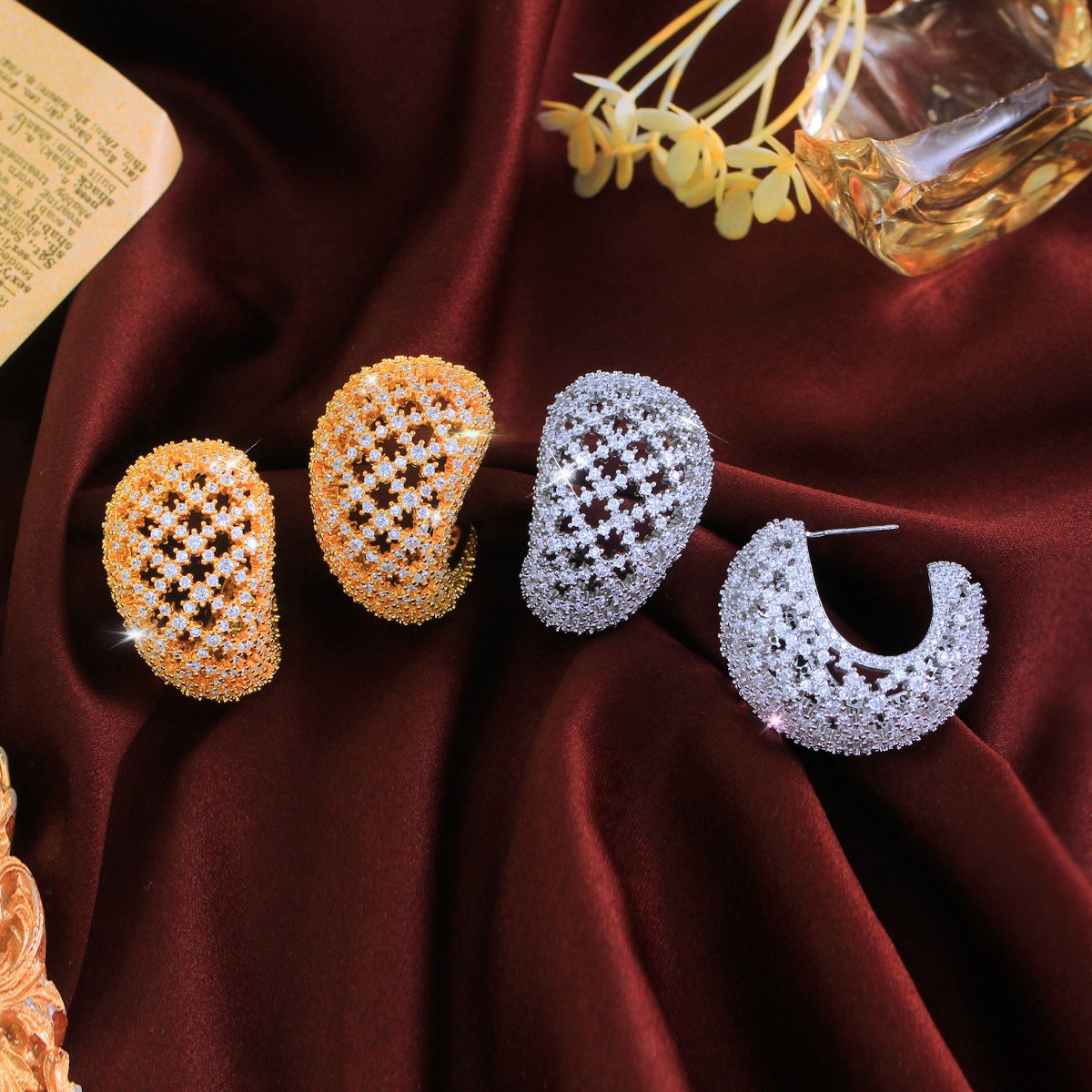 Luxurious Gold Plated Cubic Zirconia Curved Drop Hoop Earrings for Women Wedding