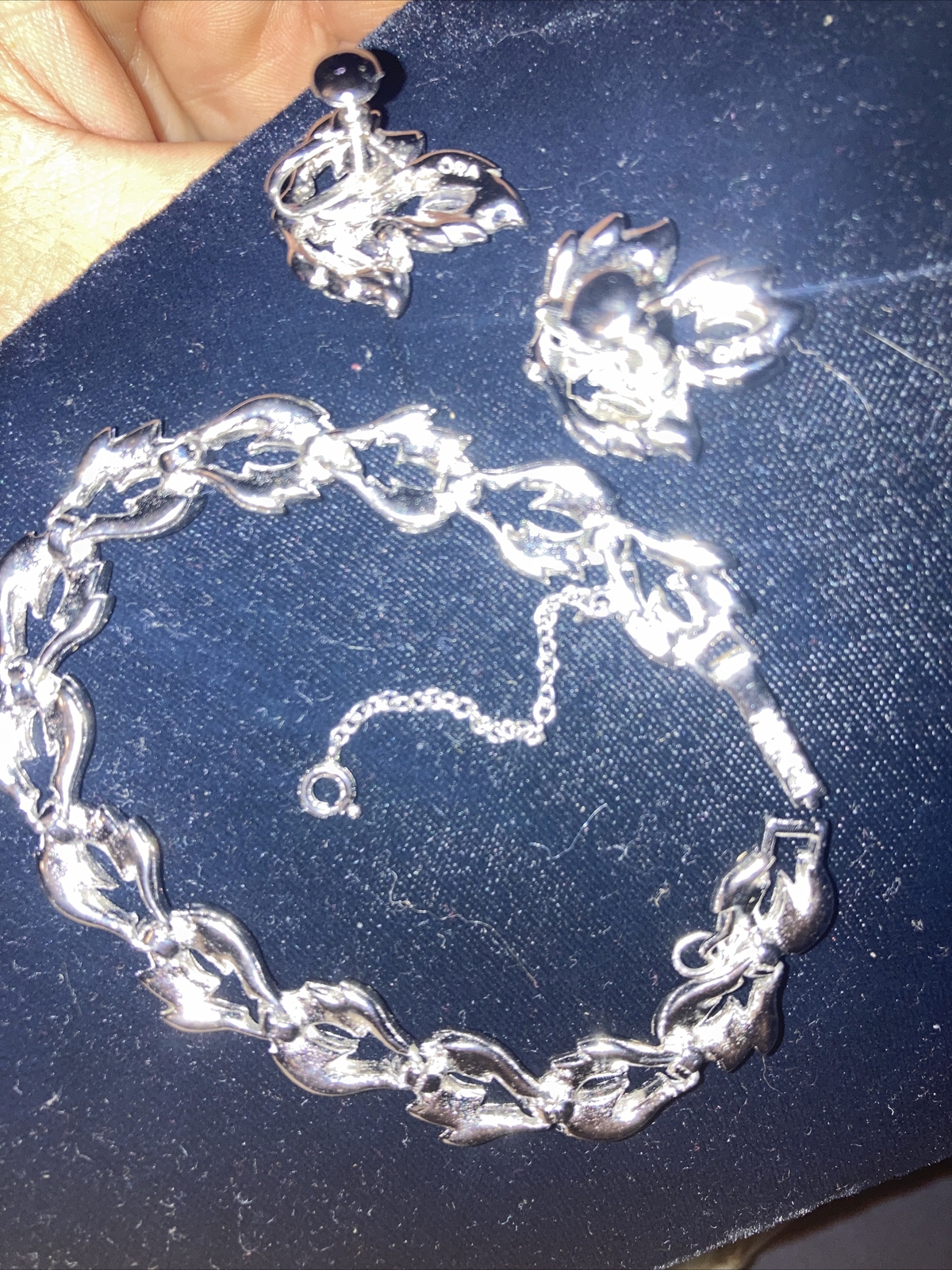 Vintage Ora Rhinestone SilverTone Safety Chain Bracelet 8”+ORA Earrings Set