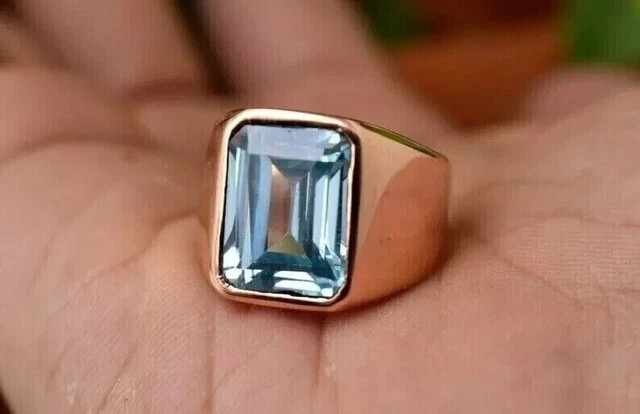 4CT Emerald Cut Aquamarine Men’s Wedding Ring 14K Rose Gold Finish