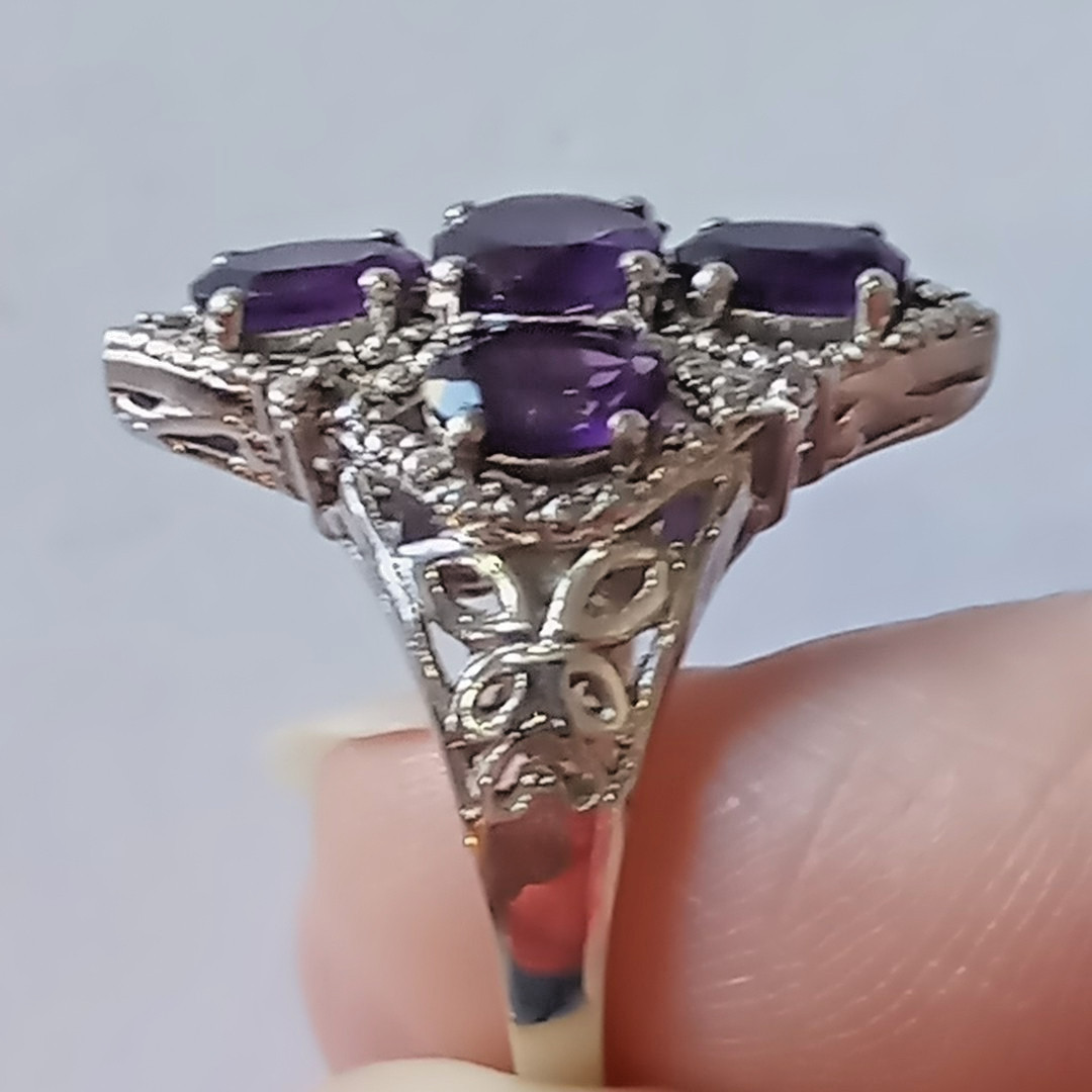 Vintage STS Karis Gothic Cross Amethyst Ring,Silver Tone Cocktail Ring Size 6.5