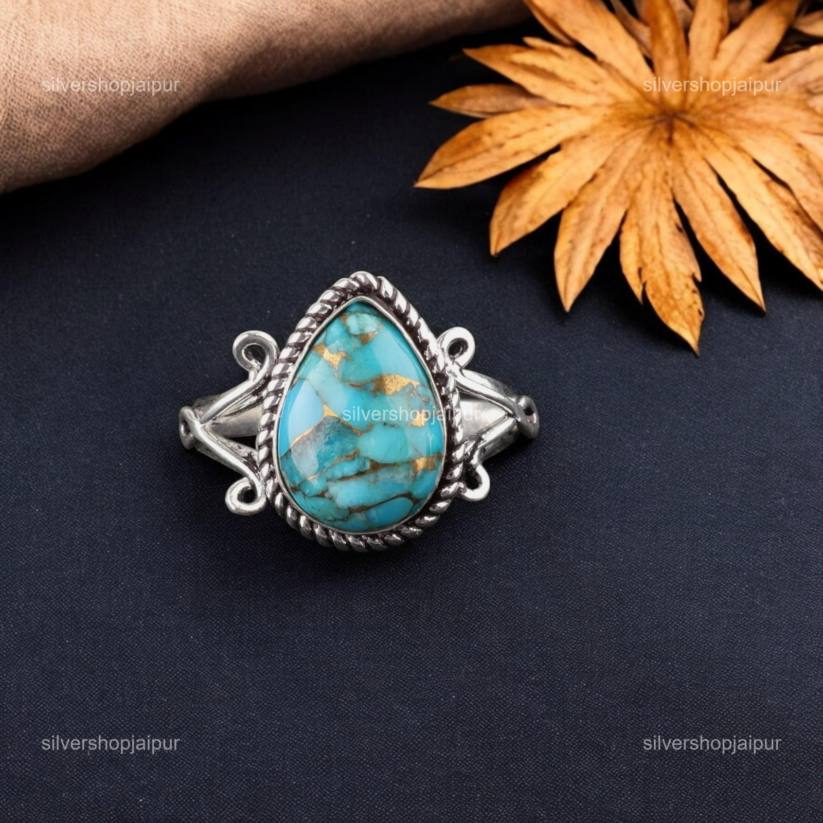 925 Sterling Silver Blue Copper Turquoise Gemstone Statement Mother Ring Jewelry