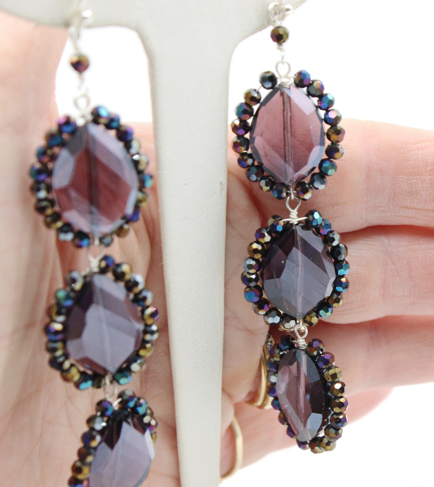 Nakamol Oval Iridescent Blue Purple Bead & Crystal Dangle Earrings 3″ New