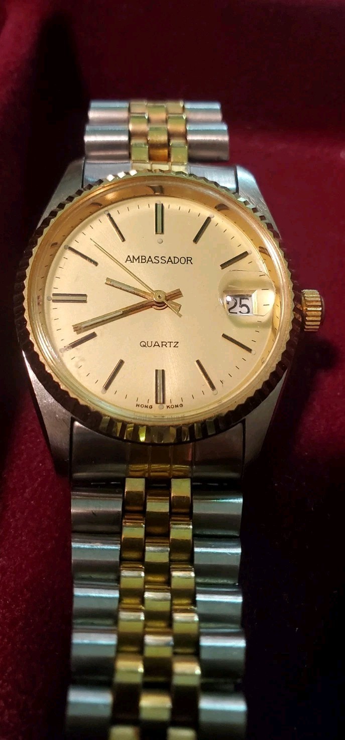 Ambassador 35mm 2 Tone Gold Dial President Date Quartz Men Watch, Run (Lot2342)