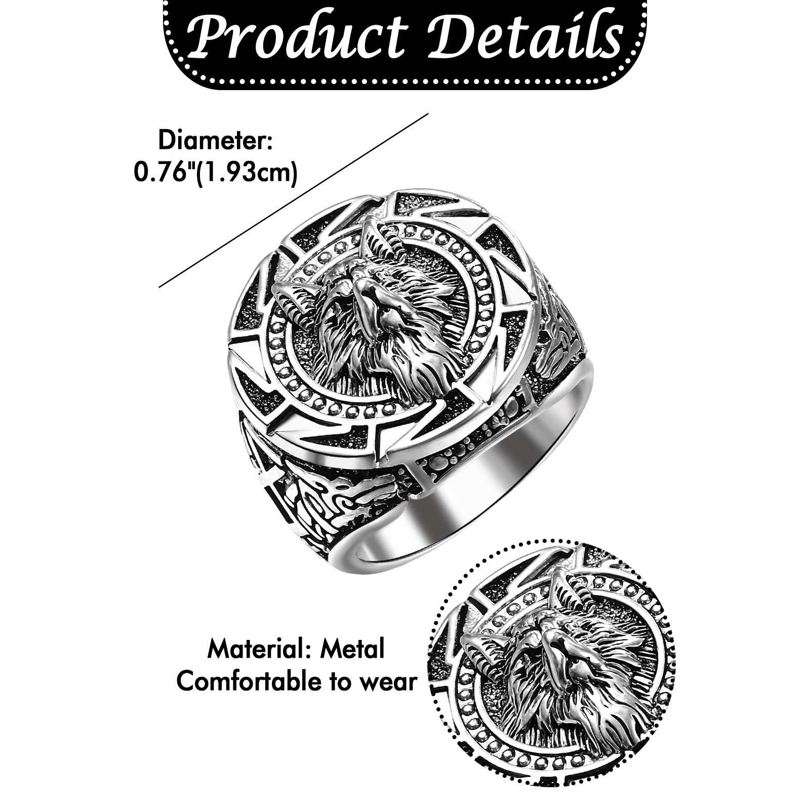 Mens Viking Wolf Biker Ring Stainless Steel Signet Wedding Band Size 7-13