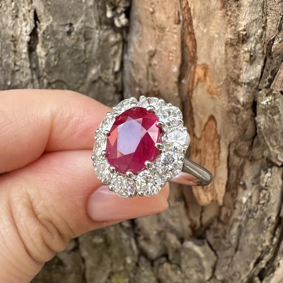 Natural Red Ruby & Diamond Wedding Ring 14K White Gold Oval Cut 6.45 Cts Size 7
