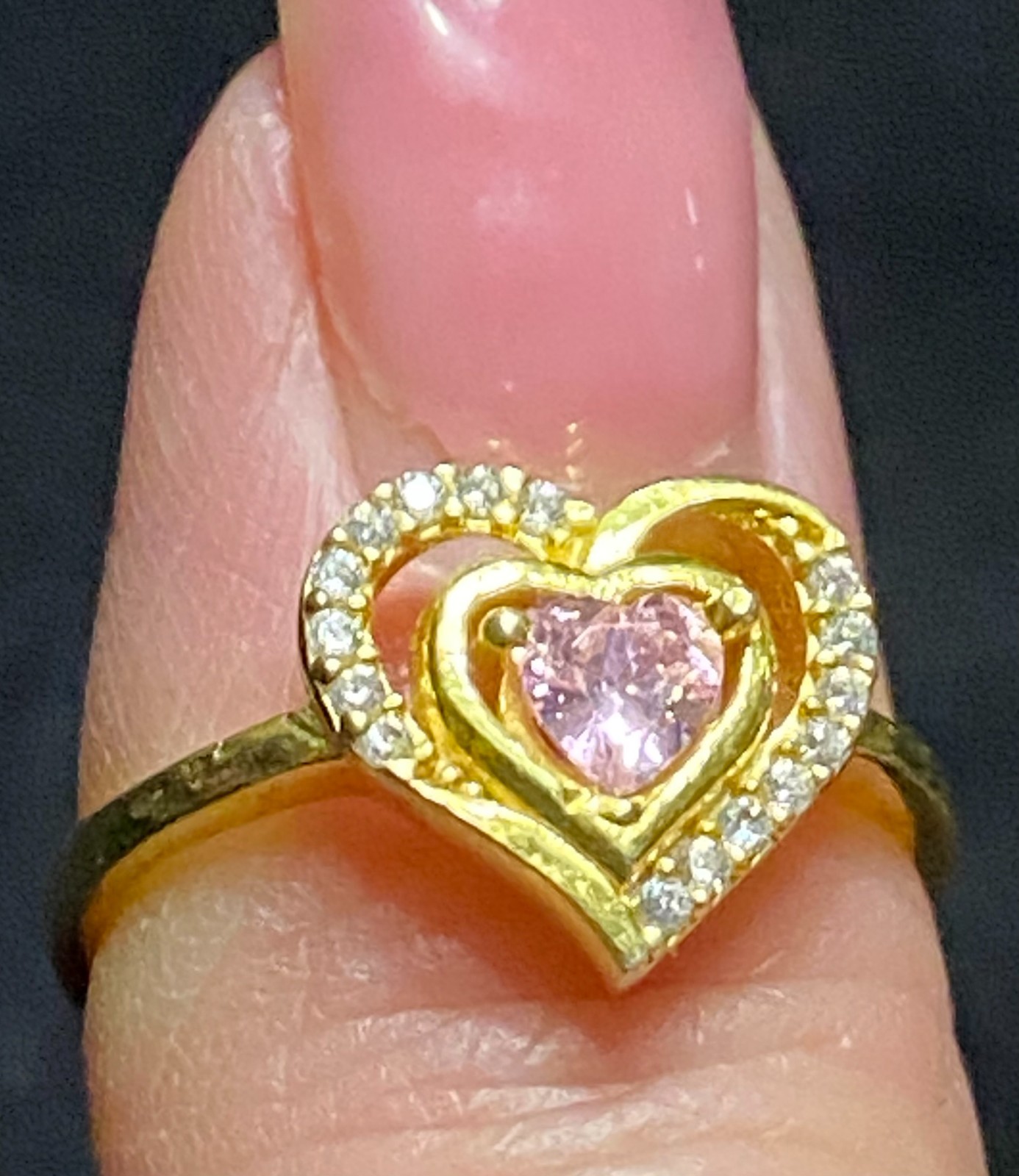 925 Sterling Silver Gold Plated Pink Sapphire CZ Heart Ring Size 7 Romantic