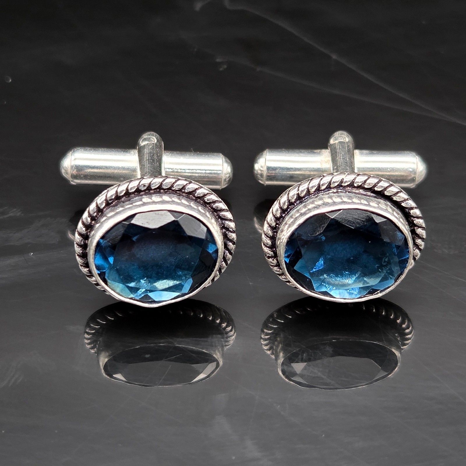 Natural London Blue Topaz Gemstone 925 Sterling Silver Handmade Cufflinks HA