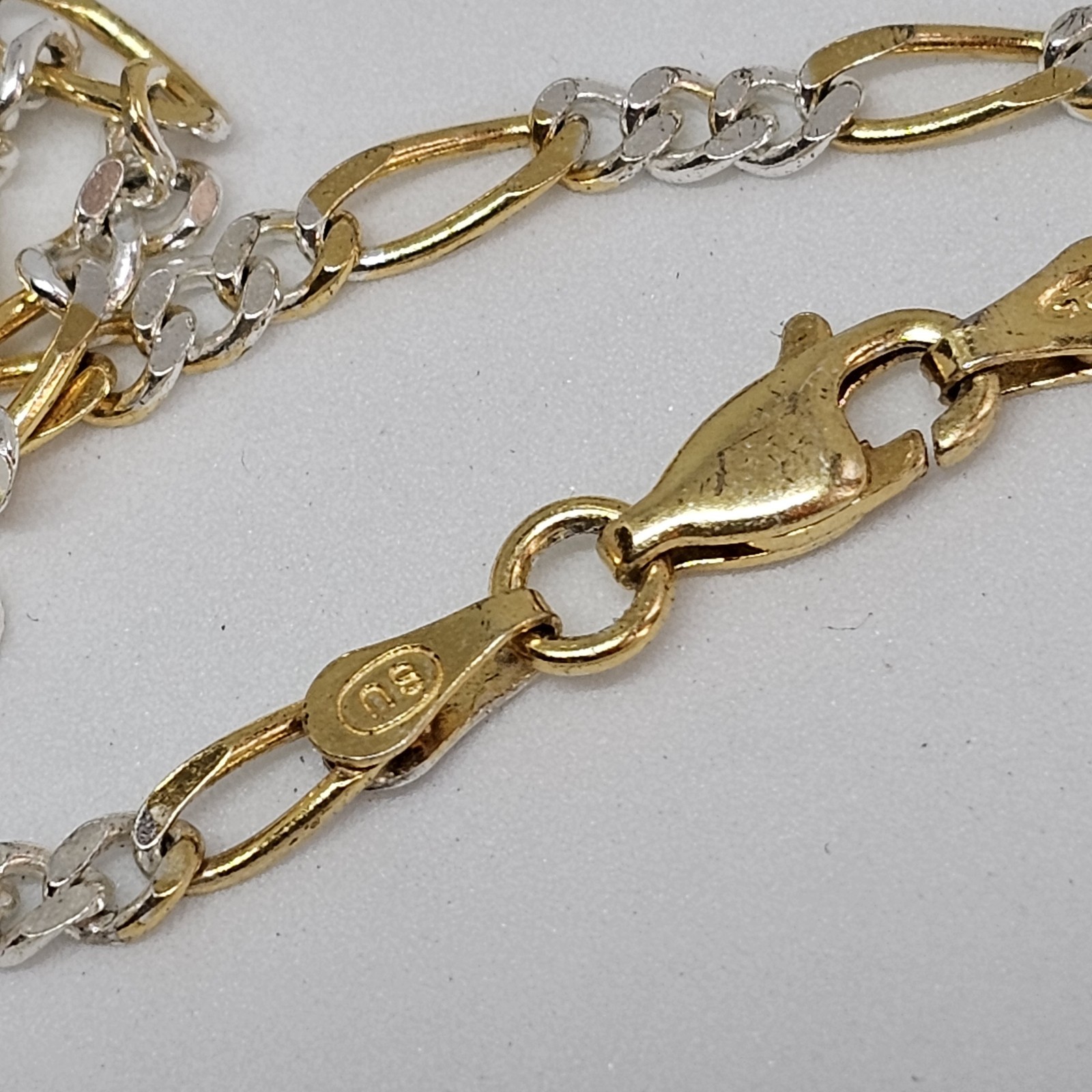 SU 925 Sterling Silver Vermeil Figaro Flat Link Chain Bracelet 7″ Long Italy