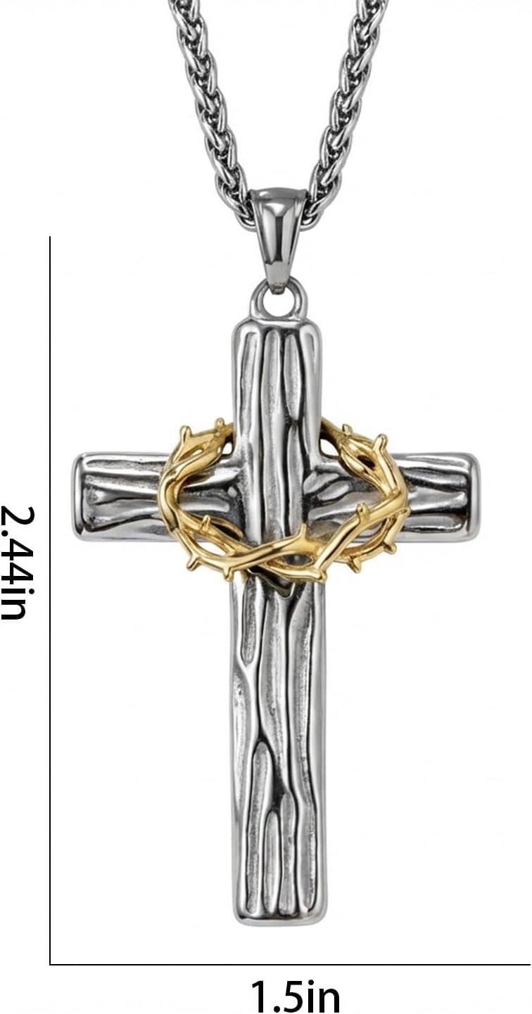 Crown of Thorns Cross Necklace, Silver Gold Stainless Steel Twisted Vine