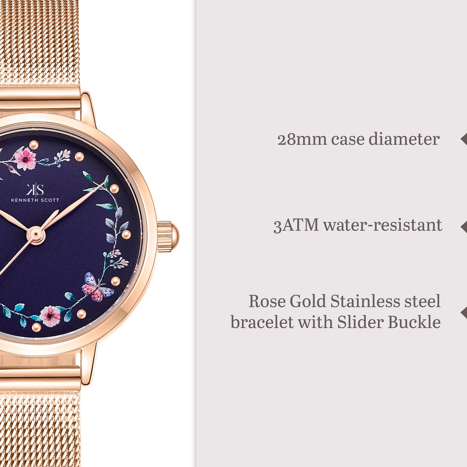 Kenneth Scott Women’s Analog Watch | Blue Dial, 28mm, 30 m (3 ATM)