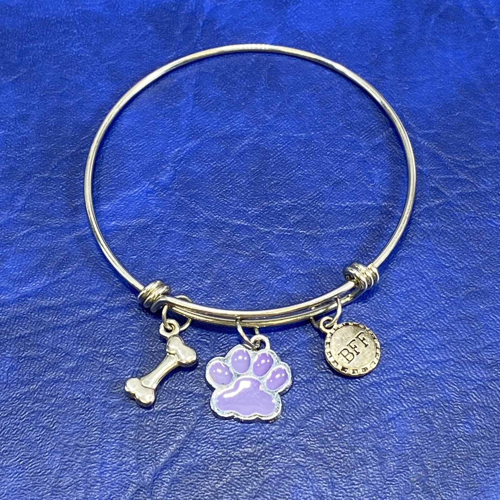 Purple Enamel Paw Print Bone BFF Dog Pet Charm Bracelet Wire Wrap Silver Tone