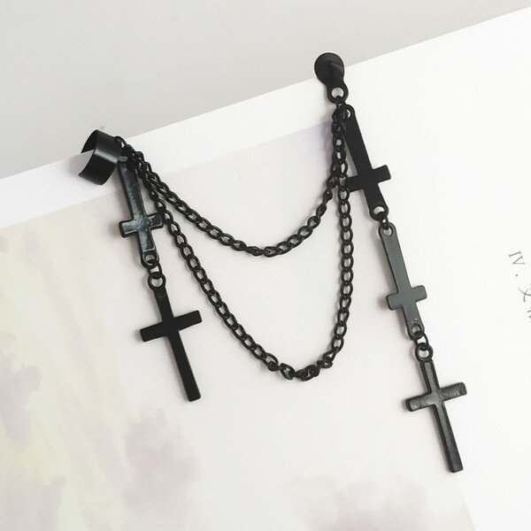 Gothic Punk Cuff Dangle Drop Cross Earrings- Long Chain Stud Tassel, Gift, Black