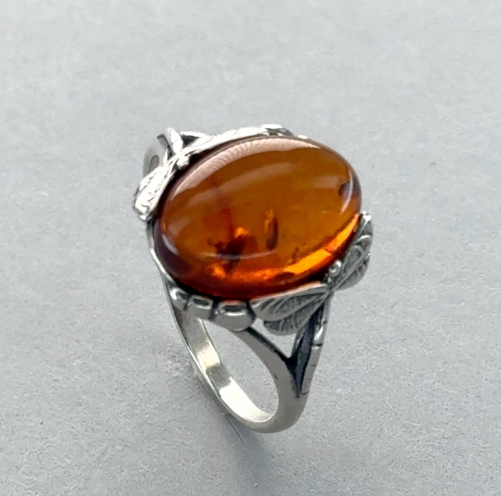 Oval Cognac / Brown BALTIC AMBER Dragonfly Ring 925 STERLING SILVER Poland #58e