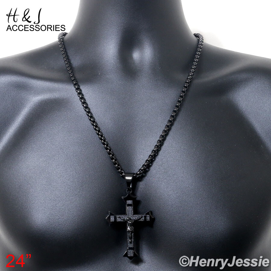 18-40″MEN Stainless Steel 5mm Black Plated Box Link Chain Jesus Cross Pendant*28