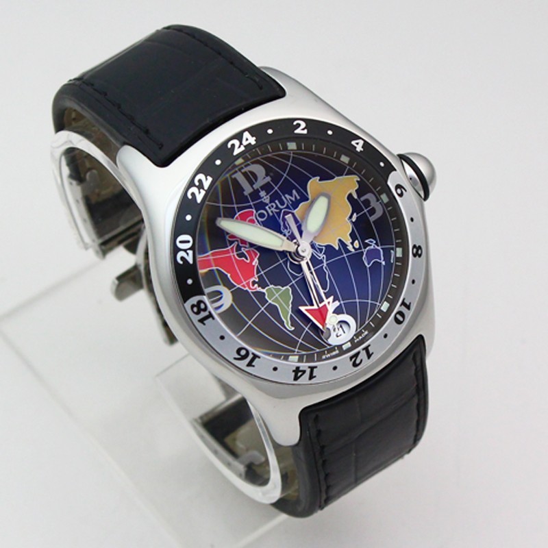 Corum Bubble GMT 383.250.20 45mm Black World Map Dial Wristwatch + Box & Cards