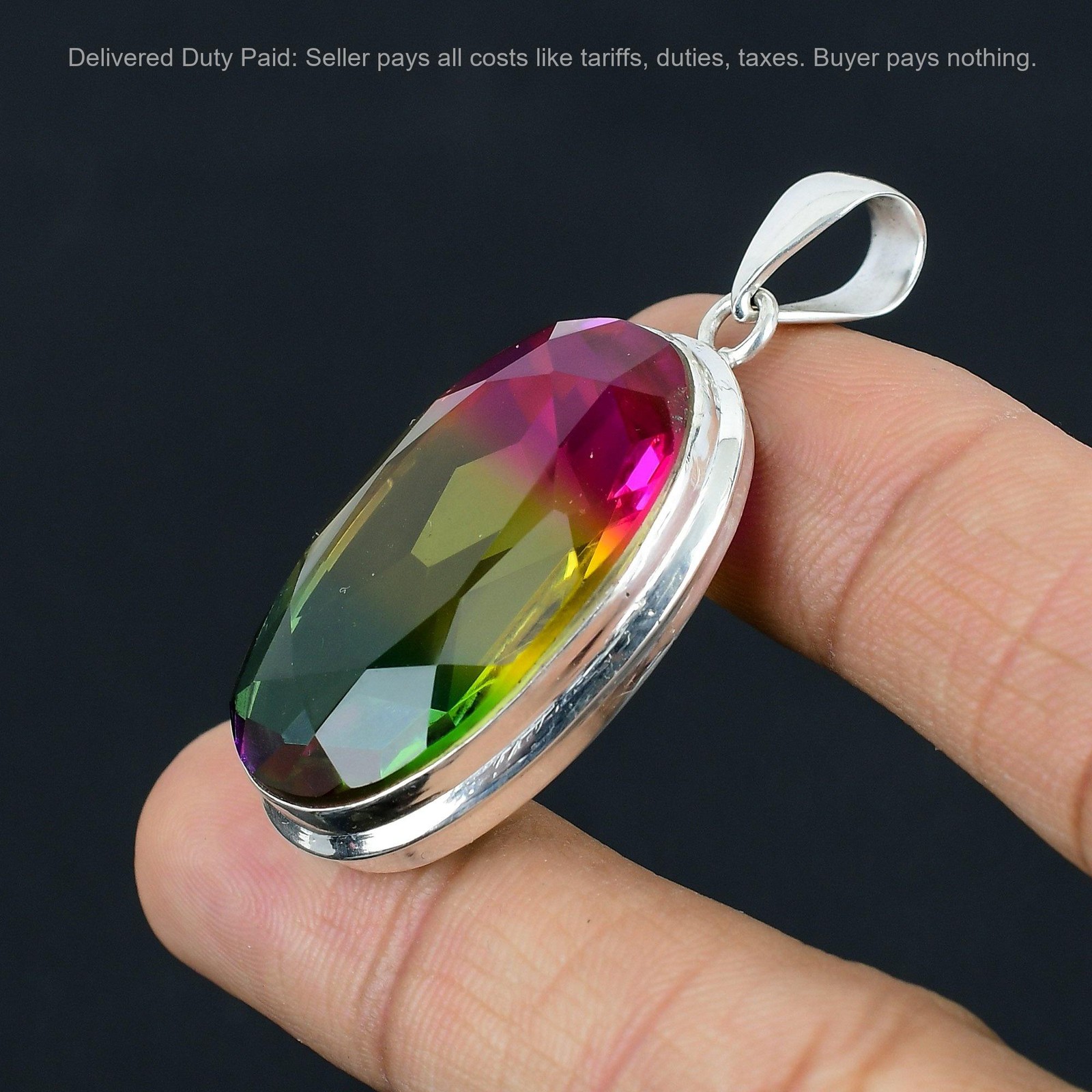 925 Silver Oval Multi Tourmaline Gemstone Elegant Mother Engagement Boho Pendant