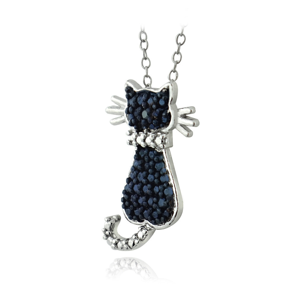 Sterling Silver Blue Diamond Accent Cat Slide Pendant, 18″