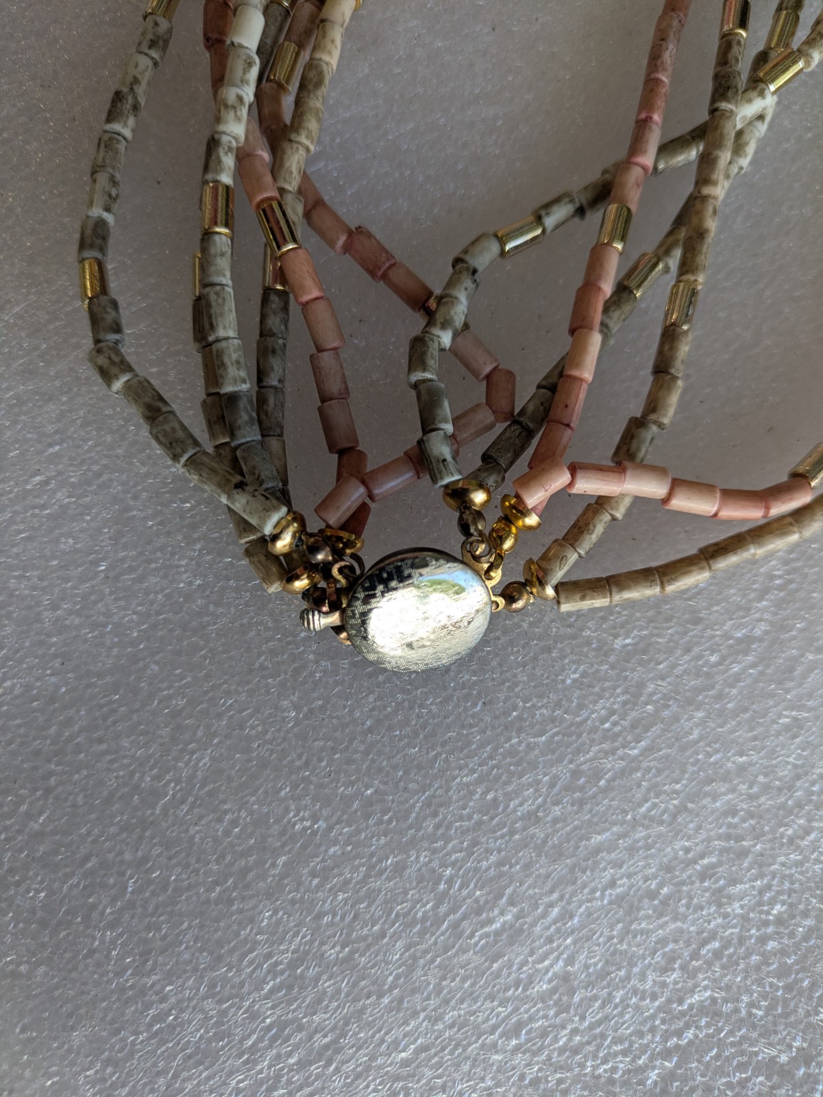 Vintage pink and gray beaded multi strand necklace circle box clasp gold