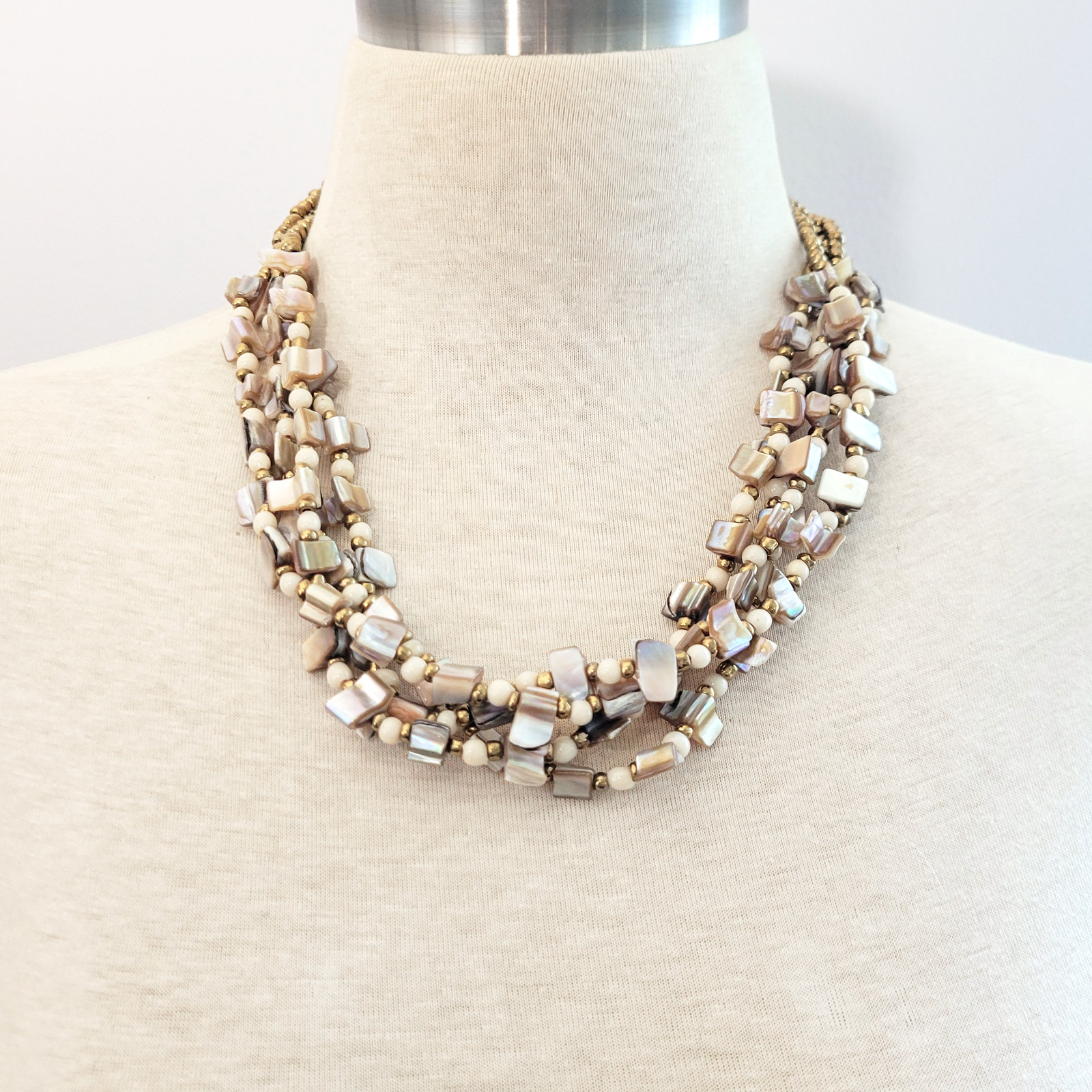 Mother of Pearl Multi Strand Beaded Necklace 22″ Iridescent Polished Shell