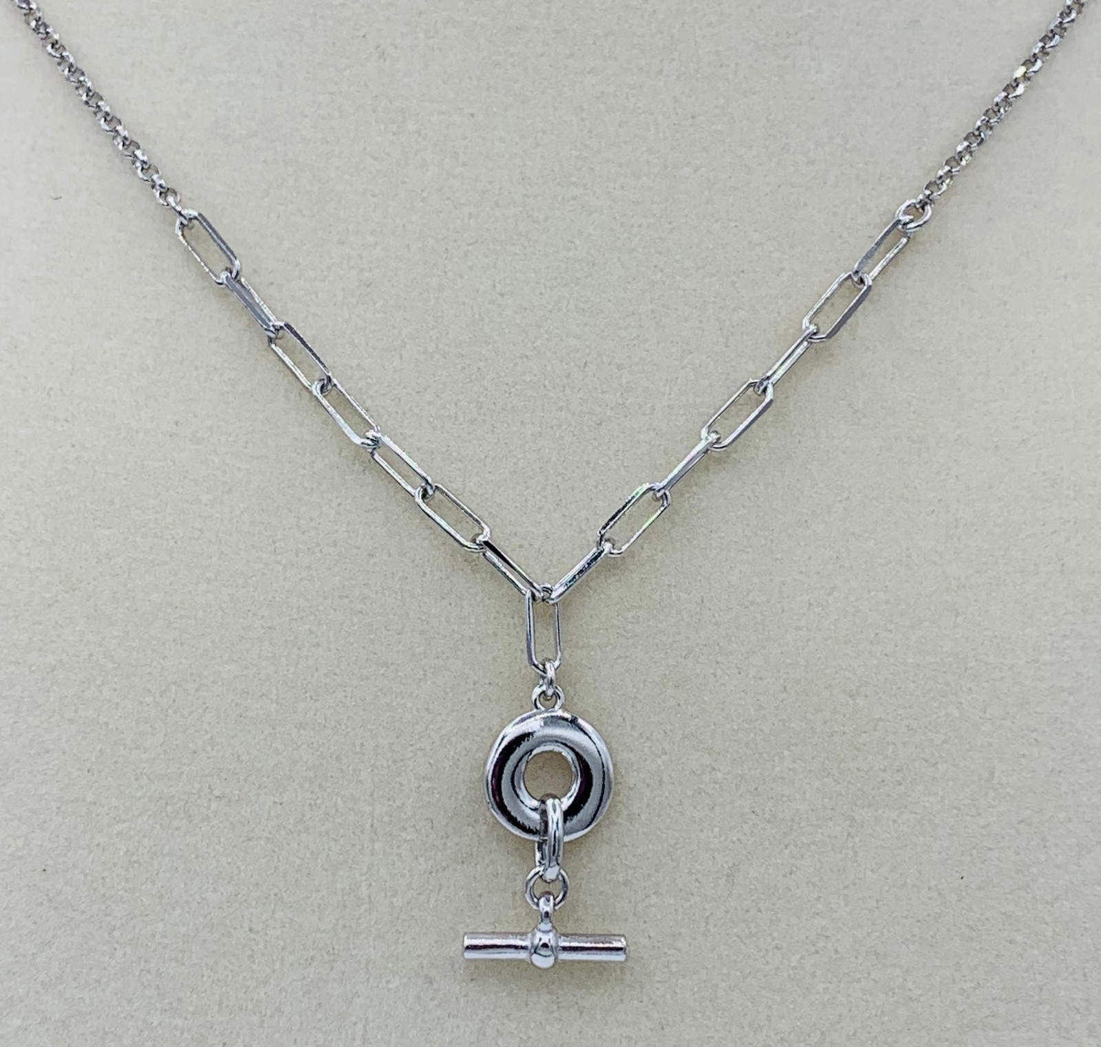 Rhodium Plated Silver Paperclip Rolo Adjustable Donut and Bar Necklace