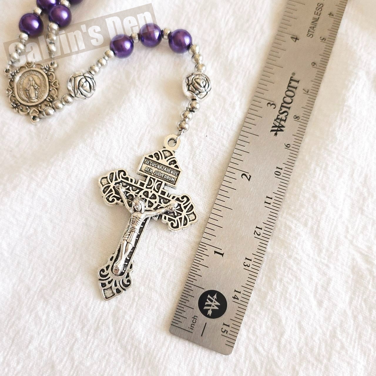 Purple Pearl Bead Rosary Necklace Miraculous Medal Rosebud Crucifix Cross Gift