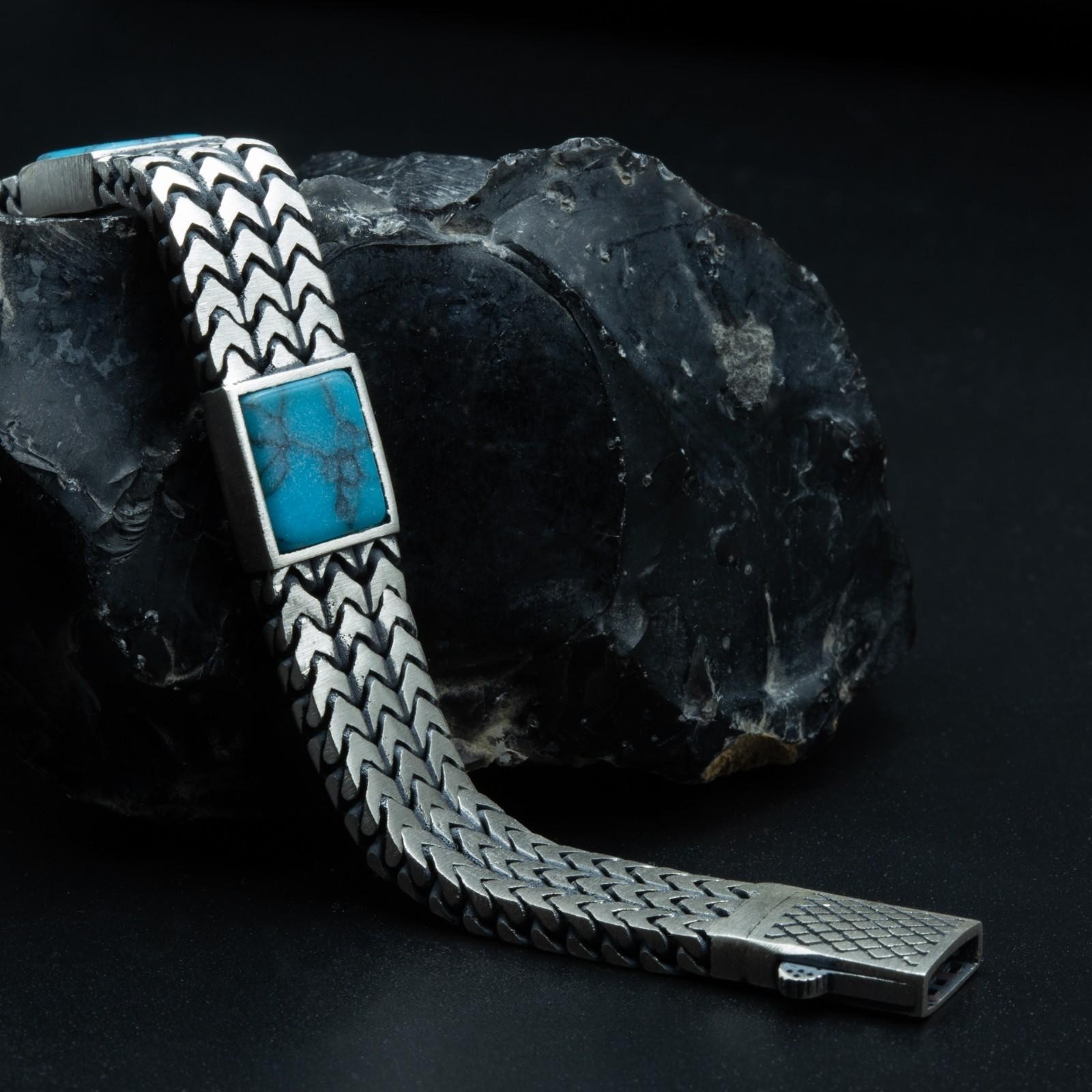 925 Men’s 925 Sterling Silver Foxtail Curb Chain Turquoise Gemstone Bracelet