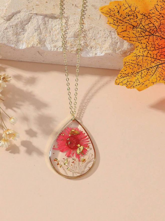1 PCS Dried Pressed Daisy Real Flower Resin Pendant Necklace Handmade Chain USA