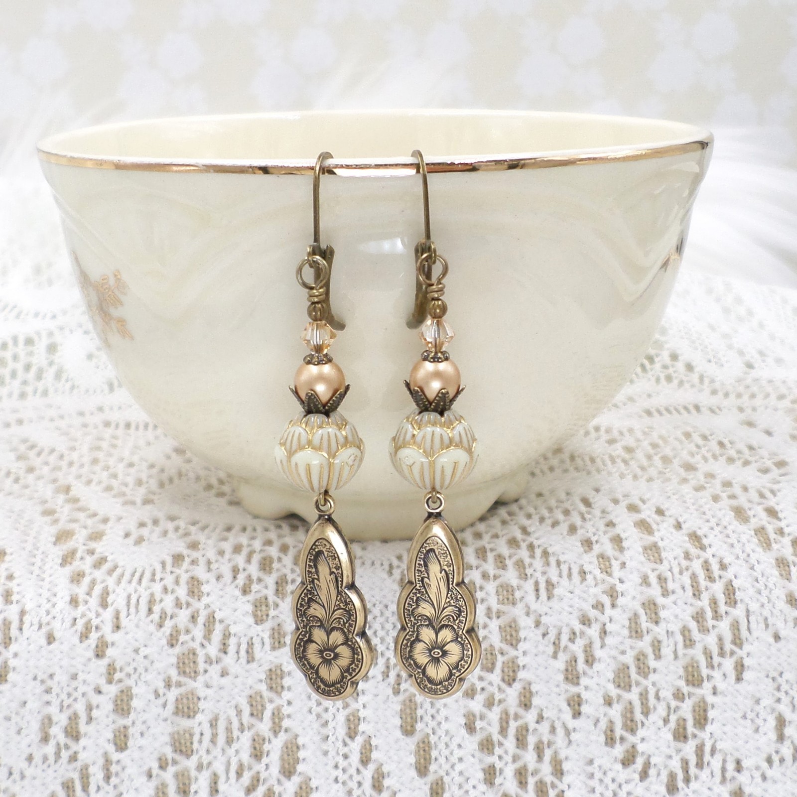 Victorian Floral Brass Earrings, Cream Acrylic Bead Handmade Dangle Jewelry