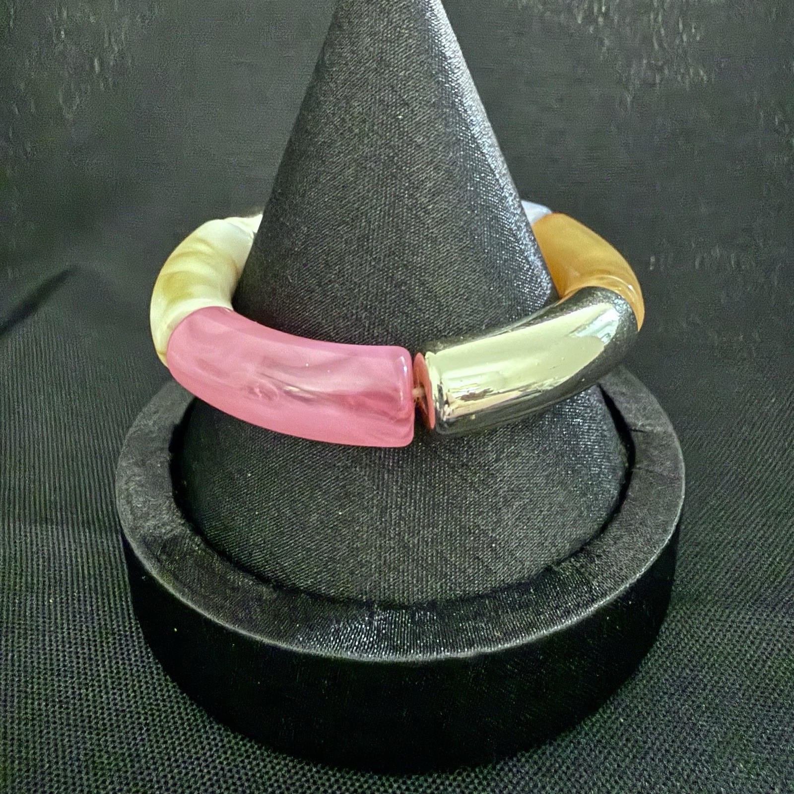 Color Block Resin Tube Stretch Bracelet Silver Tone Blue Pink Orange Ivory Boho