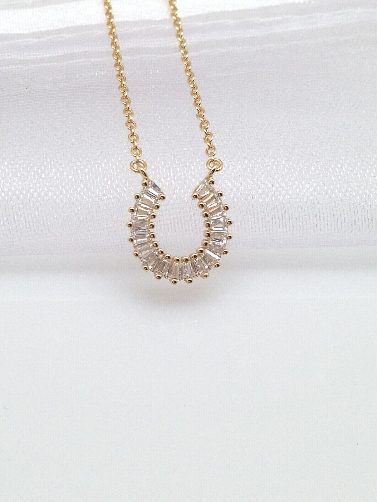 925 Sterling Silver CZ Baguette Horseshoe Pendant Necklace Gold Women 10.8mm