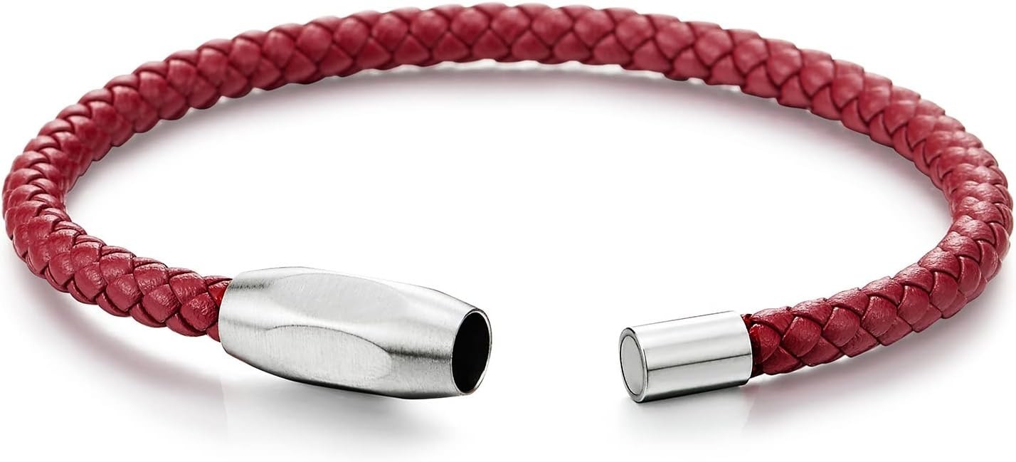 Minimalist Mens Women Leather Bracelet, Thin Braided Leather Bangle, Steel Ov…
