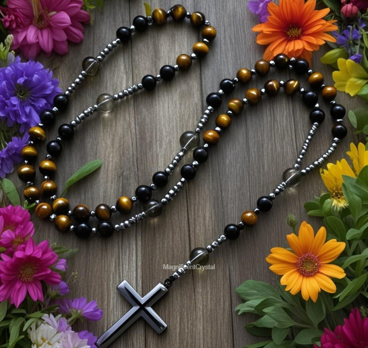 Black Tiger Eye Hematite Cross Necklace Hand Knotted Beads Lucky Pendant
