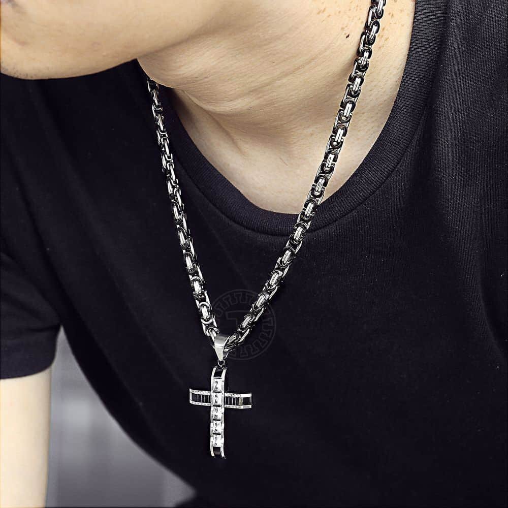 Black&Silver CZ Cross Necklace Pendant Stainless Steel Byzantine Chain 18″-30″