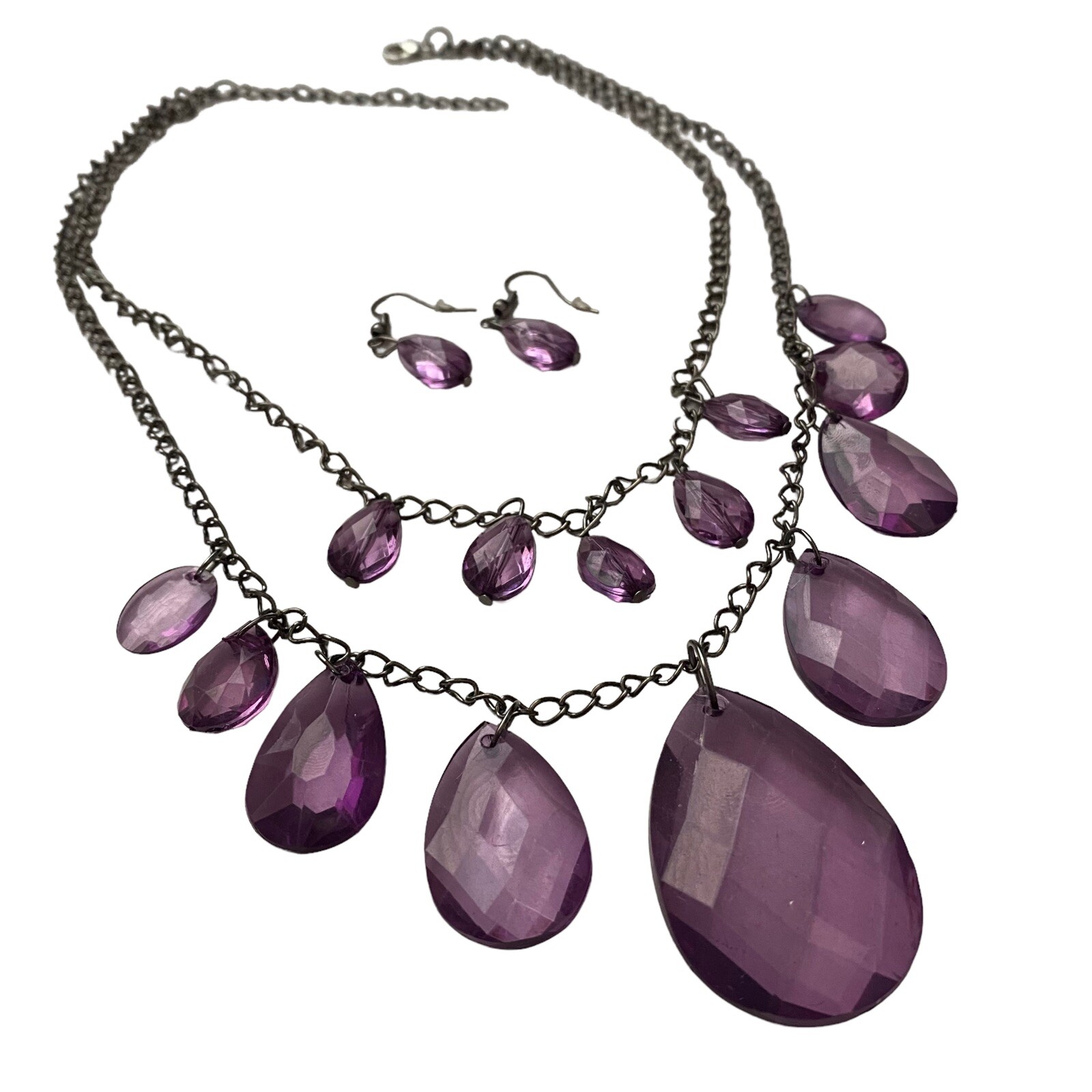 Lucite Acrylic Purple Faceted Beaded Bead Necklace Pierced Earring Set