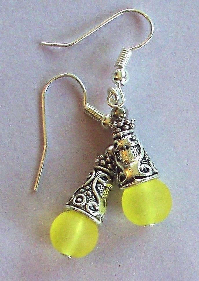 lemon YELLOW SEA FROSTED GLASS drop earring SP HANDCRAFTED XX