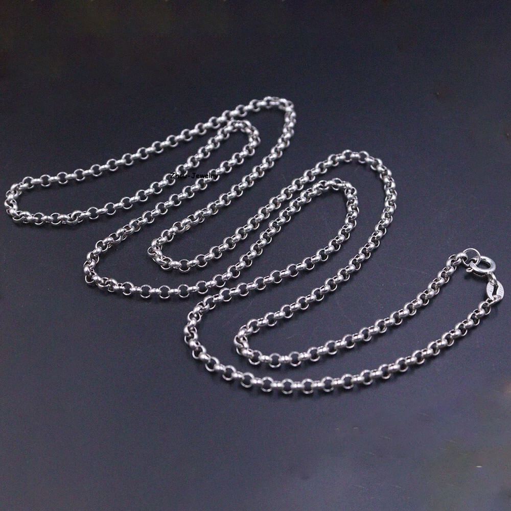 27.5INCH Real S925 Sterling Silver Chain Men 3mm Cable Rolo Link Necklace 9-10g