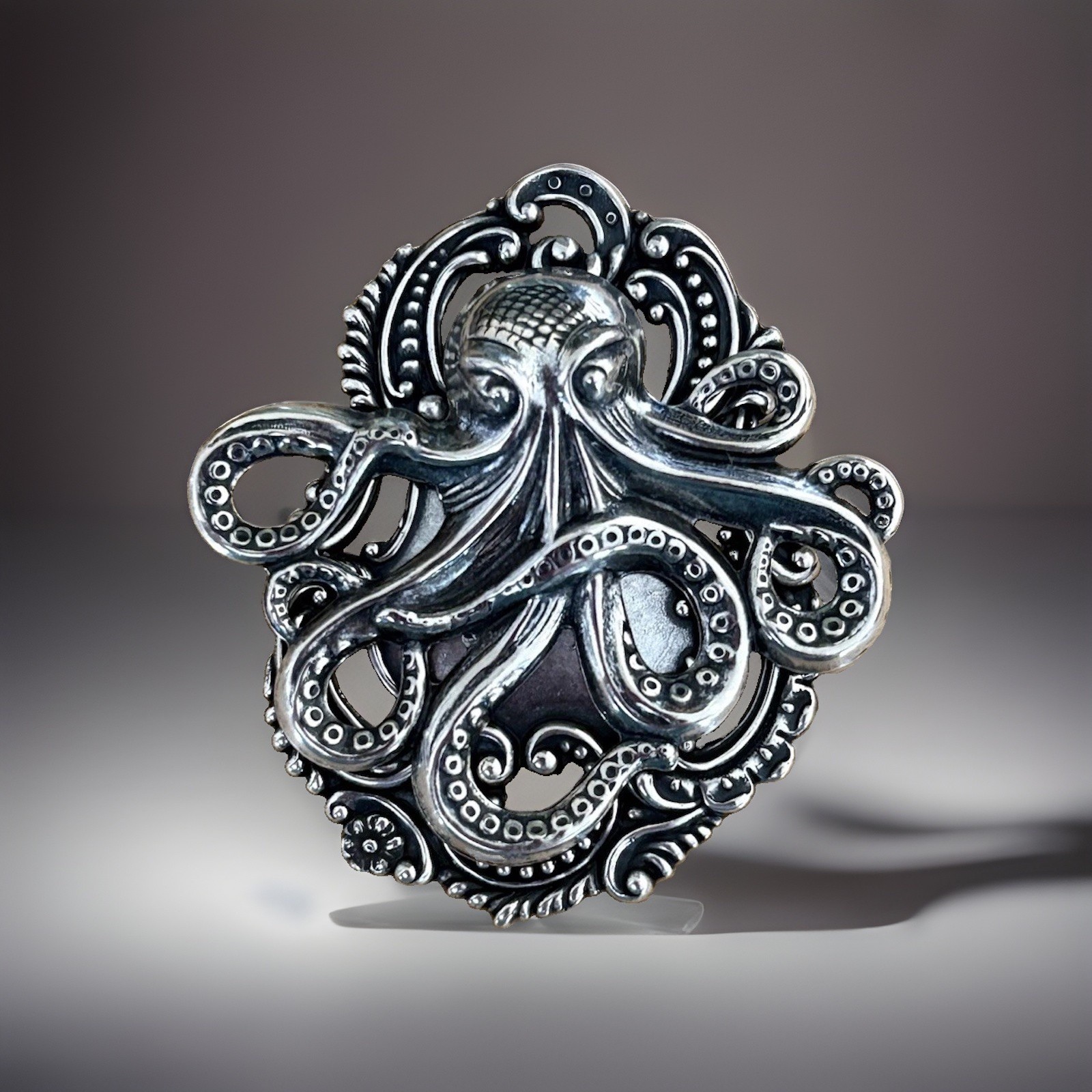 X-Lrg Octopus Kraken Brooch Pin Sterling Silver pltd, Gothic Pirate Coat Hat Pin