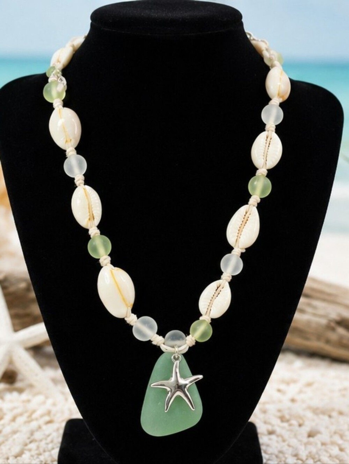 Icon Collection Sea Glass Cowrie Shell Starfish Necklace Earring Set Coastal