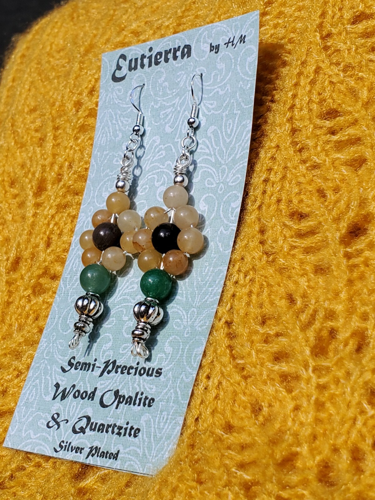 Eutierra Semi-Precious Wood Opalite & Quartzite Earrings Hand Crafted In USA 3″