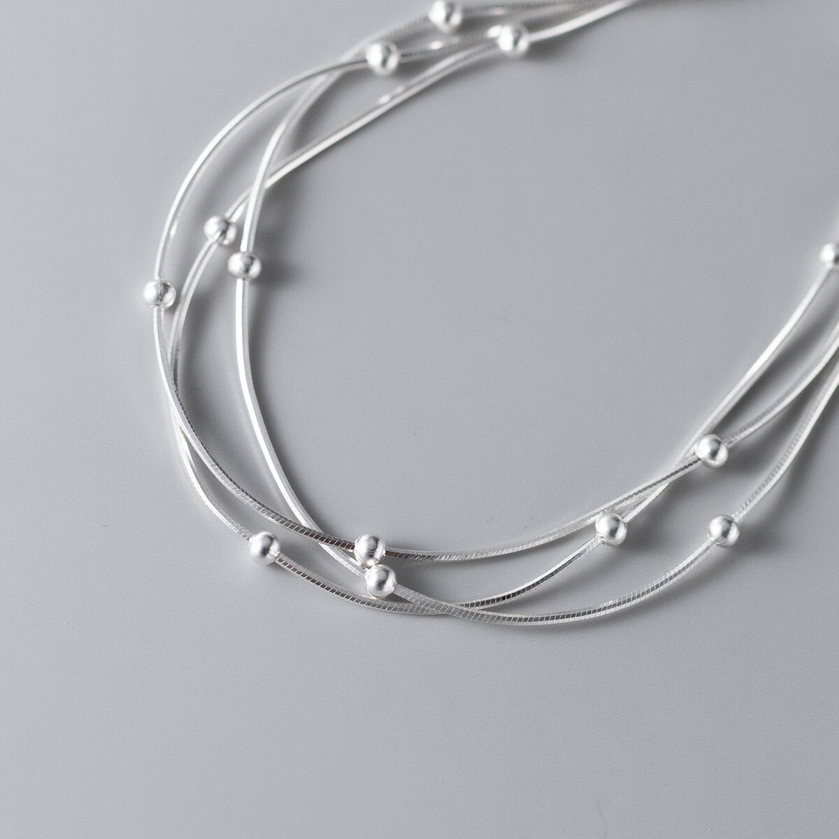 Woman REAL S925 Sterling Silver 3 Layers Beaded Snake Chain Bracelet Bangle