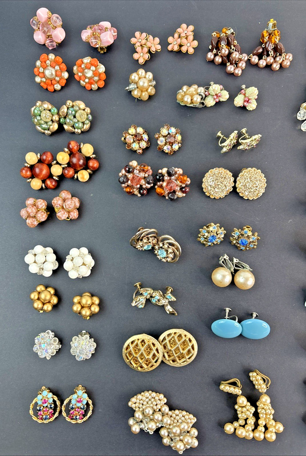 Lot of 62 Clip-on Screw Back Earrings Vintage 1940’s-1970’s Mixed Metals Cluster