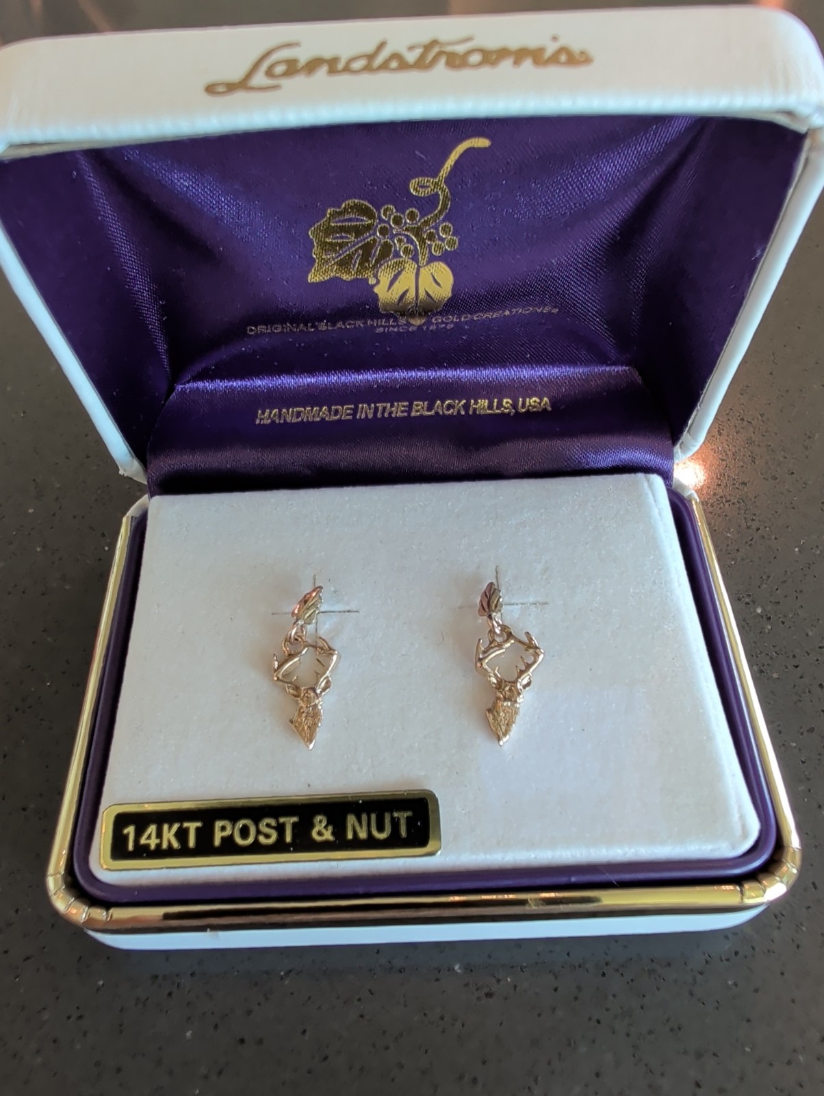 Landstrom’s Tri Color Black Hills Gold Post Earrings 14K Post & Nut Deer Q103