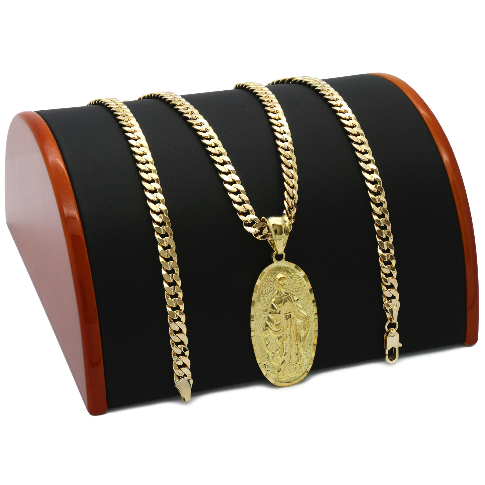 Mens 18k Gold Plated Oval Guadalupe Pendant 5mm 24″ Cuban Necklace Chain(H)